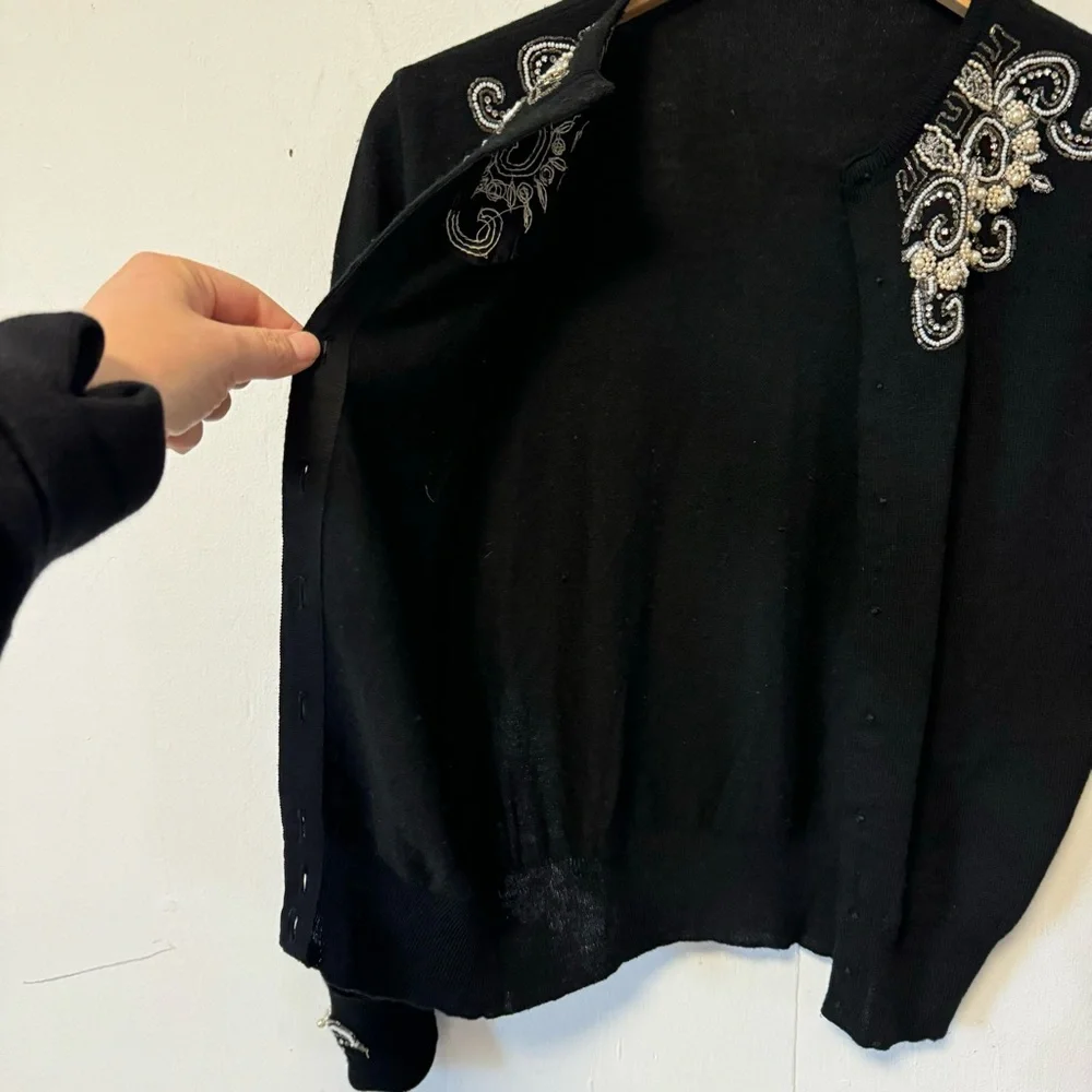Vintage 50s Hand Beaded‎ Cardigan Sweater Black Wool Couture Womens Small Read